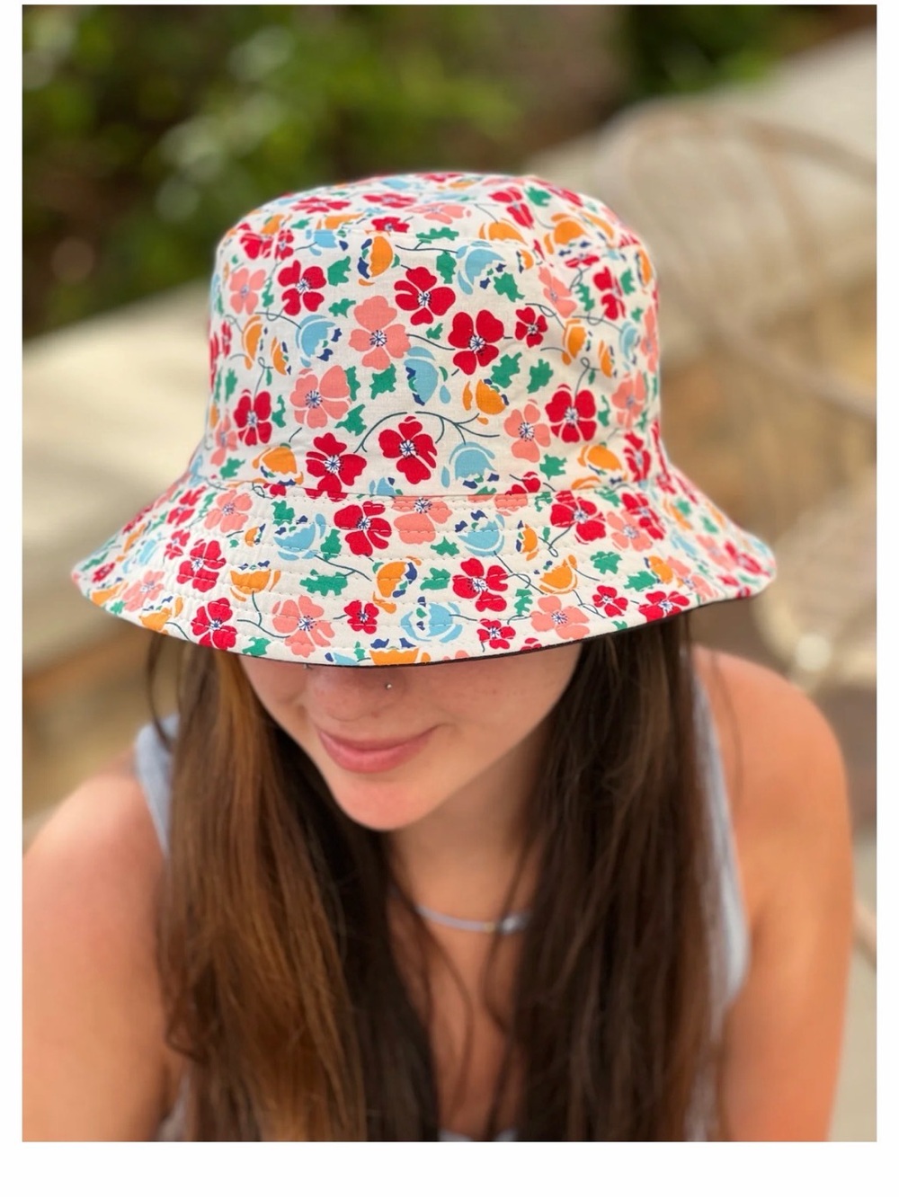Women's Floral Multicolor Reversible Bucket Hat - White Base/Black reverse side